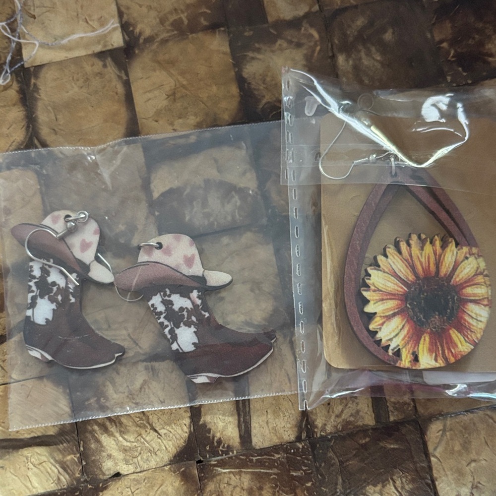 Wooden handmade Cowboy Boot and Sunflower Earrings Set